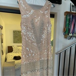 Adrianna Papell beaded blush color knee length party dress